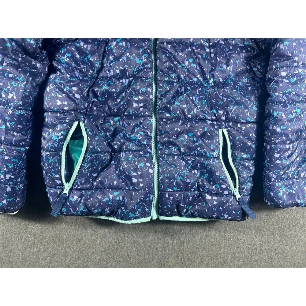 Eddie Bauer Kids Reversible Hooded Jacket Blue Pattern Teal Fleece M(10-12)